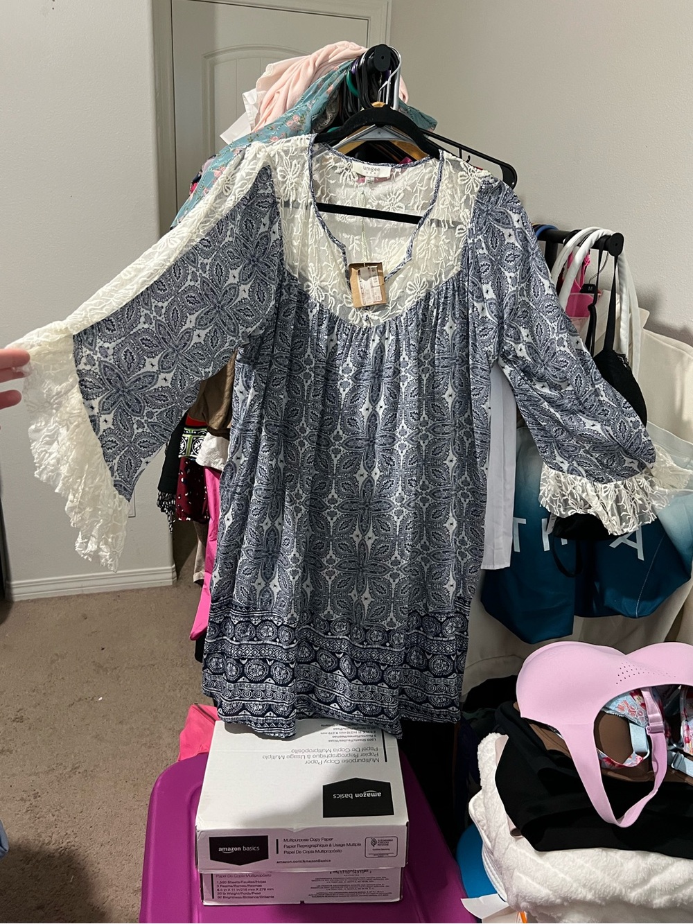Umgee Boho Paisley Lace Yolk Bell Sleeve Dress